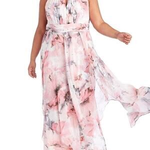 R & M RICHARD KEYHOLE NECK FLORAL CHIFFON MAXI SLEEVELESS HANKY HEM DRES…‎